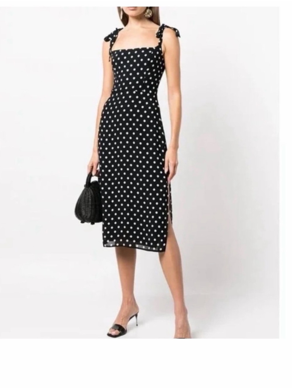 Reformation Besse Dress Black and White Polka Dot Tie-Shoulder Midi size 4